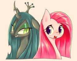 Size: 1000x800 | Tagged: safe, artist:91o42, imported from derpibooru, pinkie pie, queen chrysalis, changeling, changeling queen, earth pony, pony, beige background, blushing, bust, crown, cute, cutealis, cuteamena, duo, duo female, female, jewelry, looking at each other, mare, open mouth, pinkamena diane pie, portrait, regalia, simple background, smiling