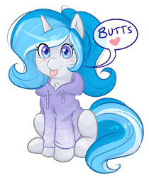 Size: 898x1068 | Tagged: safe, artist:askbubblelee, imported from derpibooru, oc, oc only, oc:bubble lee, oc:imago, pony, unicorn, :p, alternate hairstyle, blushing, butts, clothes, cute, female, freckles, heart, heart eyes, hoodie, looking at you, mare, simple background, sitting, smiling, solo, sweater, tongue out, transparent background, wingding eyes