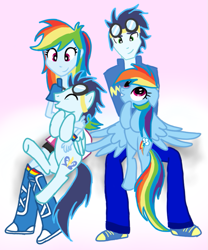 Size: 661x796 | Tagged: safe, artist:tsundra, imported from derpibooru, rainbow dash, soarin', pony, equestria girls, bellyrubs, equestria girls-ified, female, holding a pony, human ponidox, humanized, male, shipping, soarindash, straight