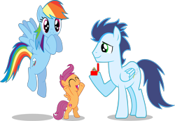 Size: 10026x6904 | Tagged: safe, artist:jpokebrony, imported from derpibooru, rainbow dash, scootaloo, soarin', pony, absurd resolution, female, male, marriage proposal, old cutie mark, ring, shipping, simple background, soarindash, straight, transparent background, wedding ring