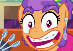 Size: 1032x714 | Tagged: safe, imported from derpibooru, screencap, plaid stripes, season 6, the saddle row review, female, smiling, solo, spoiler, spoon, thick eyebrows