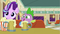 Size: 1281x720 | Tagged: safe, imported from derpibooru, spike, starlight glimmer, the saddle row review, cider, cider mug, cupcake, diner, duo, food, gem cake, interview, mug, popcorn, smiling