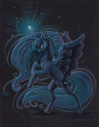 Size: 700x892 | Tagged: safe, artist:griffsnuff, imported from derpibooru, princess luna, female, magic, rearing, solo, spread wings, traditional art