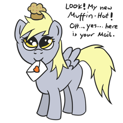 Size: 1168x1168 | Tagged: safe, artist:muffinexplosion, imported from derpibooru, derpy hooves, cute, dialogue, eyes on the prize, female, filly, food, heart, letter, looking up, mail, mouth hold, muffin, simple background, smiling, solo, white background, younger