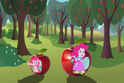 Size: 900x600 | Tagged: safe, imported from derpibooru, pinkie pie, equestria girls, apple, apple tree, bush, canterlot high, food, ponyville, sweet apple acres, tree