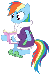 Size: 1809x2669 | Tagged: safe, artist:sketchmcreations, imported from derpibooru, rainbow dash, pegasus, pony, applejack's "day" off, bathrobe, clothes, cute, female, inkscape, magazine, show accurate, simple background, sitting, slippers, solo, tank slippers, transparent background, vector