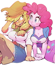 Size: 587x696 | Tagged: safe, artist:jirousan, imported from derpibooru, applejack, pinkie pie, equestria girls, applepie, blushing, boots, breasts, busty applejack, busty pinkie pie, cleavage, clothes, cowboy hat, cute, denim skirt, diapinkes, female, hat, jackabetes, lesbian, shipping, simple background, skirt, squishy cheeks, stetson, tight clothing, white background