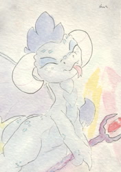 Size: 679x964 | Tagged: safe, artist:slightlyshade, imported from derpibooru, princess ember, dragon, bloodstone scepter, cute, dragon lord ember, emberbetes, eyes closed, female, smiling, solo, tongue out, traditional art