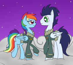 Size: 1800x1600 | Tagged: safe, artist:yourfavoritelove, imported from derpibooru, rainbow dash, soarin', pony, bomber jacket, clipper, clothes, female, male, rainbow crash, shipping, soarindash, straight, uniform, wonderbolts