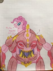 Size: 1024x1365 | Tagged: safe, artist:unkownbrony52, imported from derpibooru, pinkie pie, crossover, doom, doom 2016, doom 4, graph paper, lined paper, pinky demon, traditional art
