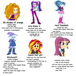 Size: 720x720 | Tagged: safe, imported from derpibooru, adagio dazzle, aria blaze, sonata dusk, sour sweet, sunset shimmer, trixie, equestria girls, adagio the cutthroat, airhead, bacon hair, cutthroat, food, meme, resting bitch face, slit throat gesture, smiling, sonataco, song in the comments, starenata, taco, tag yourself, text, the dazzlings, trait, vulgar