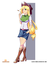Size: 1500x2000 | Tagged: safe, artist:silver-wingx, imported from derpibooru, applejack, equestria girls, applejack's hat, boots, clothes, cowboy boots, cowboy hat, crossed legs, denim skirt, female, hat, haystick, human coloration, shoes, skirt, solo, stetson