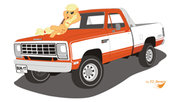 Size: 1600x930 | Tagged: safe, artist:burnout, imported from derpibooru, applejack, earth pony, pony, dodge ram, female, leaning, mare, simple background, solo, truck