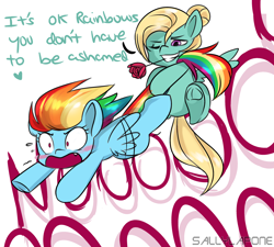 Size: 3000x2700 | Tagged: safe, artist:sallylapone, imported from derpibooru, rainbow dash, zephyr breeze, pegasus, pony, flutter brutter, blushing, cute, do not want, female, filly rainbow dash, flower, flower in mouth, forced shipping, male, mare, mouth hold, rose, shipping, shipping denied, stallion, starboarding, straight, tail, tail pull, younger, zephdash