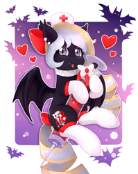 Size: 1350x1700 | Tagged: safe, artist:pika-chany, imported from derpibooru, oc, oc only, oc:nighthaunt, bat pony, pony, cute, nurse, solo