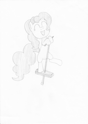 Size: 827x1170 | Tagged: safe, imported from derpibooru, pinkie pie, female, monochrome, pogo stick, solo, traditional art