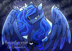 Size: 1024x723 | Tagged: safe, artist:realmsprinter, imported from derpibooru, princess luna, spirit of hearth's warming yet to come, cloak, clothes, female, solo, spread wings