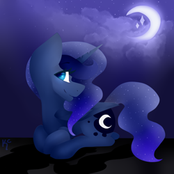 Size: 830x831 | Tagged: safe, artist:rosswelm, imported from derpibooru, princess luna, female, happy, moon, night, prone, smiling, solo