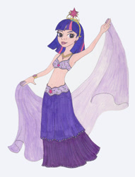 Size: 900x1177 | Tagged: safe, artist:zellykat, imported from derpibooru, twilight sparkle, human, armpits, belly button, belly dancer, belly dancer outfit, crown, ear piercing, female, humanized, jewelry, midriff, piercing, regalia, solo, traditional art