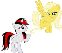 Size: 1659x1420 | Tagged: safe, artist:ironm17, imported from derpibooru, oc, oc only, oc:blackjack, oc:psychoshy, fallout equestria, fallout equestria: project horizons, fluttershy recolor, glare, grin, lidded eyes, smiling