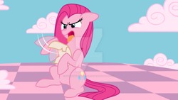 Size: 1024x576 | Tagged: safe, artist:theartsyemporium, deleted from derpibooru, imported from derpibooru, pinkie pie, fanfic:bride of discord, >:c, angry, angry eyes, letter, pinkamena diane pie, solo, tongue out, watermark