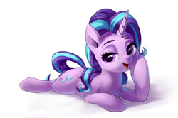 Size: 1224x814 | Tagged: safe, artist:luciferamon, imported from derpibooru, starlight glimmer, pony, unicorn, cute, female, glimmerbetes, hoof on cheek, lidded eyes, looking at you, mare, open mouth, prone, simple background, smiling, solo, white background