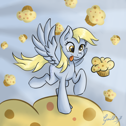 Size: 3024x3024 | Tagged: safe, artist:gaelledragons, imported from derpibooru, derpy hooves, pegasus, pony, female, flying, food, mare, muffin, solo, that pony sure does love muffins, tongue out