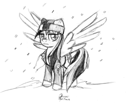 Size: 2104x1728 | Tagged: safe, artist:leadhooves, imported from derpibooru, rainbow dash, pegasus, pony, christmas ponies, female, mare, monochrome, snow, snowfall, solo