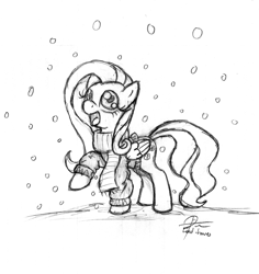 Size: 1728x1831 | Tagged: safe, artist:leadhooves, imported from derpibooru, fluttershy, pegasus, pony, christmas ponies, clothes, female, mare, monochrome, rearing, scarf, snow, snowfall, solo, sweater, sweatershy