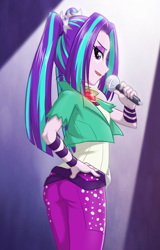 Size: 660x1030 | Tagged: safe, artist:ta-na, imported from derpibooru, aria blaze, equestria girls, clothes, female, hand on hip, looking at you, looking back, looking back at you, microphone, open mouth, pants, solo