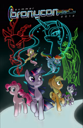 Size: 1650x2550 | Tagged: safe, artist:chibi-jen-hen, imported from derpibooru, applejack, discord, fluttershy, nightmare moon, pinkie pie, queen chrysalis, rainbow dash, rarity, spike, twilight sparkle, alicorn, changeling, draconequus, earth pony, pegasus, pony, unicorn, bronycon, bronycon 2012, 2012, black background, convention art, convention:bronycon, convention:bronycon summer 2012, female, male, mane seven, mane six, mare, poster, simple background