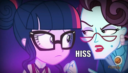 Size: 1226x704 | Tagged: safe, edit, imported from derpibooru, principal abacus cinch, sci-twi, twilight sparkle, equestria girls, friendship games, hissing, image macro, meme, text edit, unleash the magic