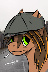 Size: 1436x2144 | Tagged: safe, imported from derpibooru, oc, oc only, oc:mythril strider, cap, cigarette, clothes, hat, looking at you, smoking, solo, street