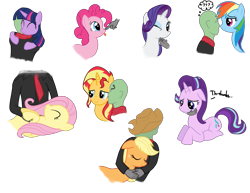 Size: 1831x1415 | Tagged: safe, artist:zharkaer, imported from derpibooru, applejack, fluttershy, pinkie pie, rainbow dash, rarity, starlight glimmer, sunset shimmer, twilight sparkle, oc, oc:anon, alicorn, human, pony, equestria girls, :p, accessory swap, applejack's hat, bedroom eyes, bellyrubs, blushing, boop, cheek kiss, chin scratch, comforting, confused, cowboy hat, crying, cuddling, cute, disembodied hand, eye contact, eyes closed, floppy ears, hand, hat, horses doing horse things, hug, human on pony snuggling, kiss on the cheek, kissing, nose wrinkle, nuzzling, on back, petting, prone, question mark, sad, scrunchy face, simple background, sleeping, smiling, snuggling, thought bubble, tongue out, transparent background, twilight sparkle (alicorn), wink