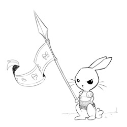 Size: 1200x1200 | Tagged: safe, artist:cold-blooded-twilight, imported from derpibooru, angel bunny, armor, explicit source, fantasy class, flag, knight, male, monochrome, sketch, solo, warrior