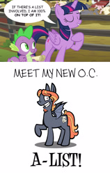 Size: 1366x2160 | Tagged: safe, artist:toonbat, imported from derpibooru, spike, twilight sparkle, oc, oc:a-list, alicorn, bat pony, pony, applejack's "day" off, comic sans, implied canon x oc, implied shipping, joke oc, twilight sparkle (alicorn)