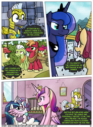 Size: 1400x1900 | Tagged: safe, artist:moemneop, imported from derpibooru, apple bloom, big macintosh, granny smith, princess cadance, princess flurry heart, princess luna, queen chrysalis, shining armor, changeling, pony, comic:shifting changelings lies and truths, comic, royal guard