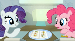 Size: 1629x893 | Tagged: safe, imported from derpibooru, screencap, pinkie pie, rarity, earth pony, pony, unicorn, spice up your life, discovery family logo, duo, female, hors d'oeuvre, mare, rarity looking at food