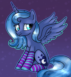 Size: 1004x1088 | Tagged: dead source, safe, artist:not-ordinary-pony, imported from derpibooru, princess luna, pony, clothes, female, s1 luna, socks, solo, striped socks