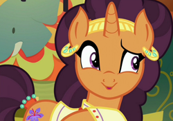 Size: 1520x1070 | Tagged: safe, imported from derpibooru, screencap, saffron masala, pony, unicorn, spice up your life, female, mare, raised eyebrow, smiling, solo