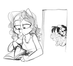 Size: 809x726 | Tagged: safe, artist:whydomenhavenipples, imported from derpibooru, oc, oc only, oc:floof, oc:nikita, oc:phoebe, anthro, beauty mark, book, clothes, food, giggling, goggles, gum, monochrome, reading, sketch