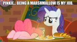 Size: 922x500 | Tagged: safe, edit, edited screencap, imported from derpibooru, screencap, pinkie pie, rarity, spice up your life, bread, caption, discovery family logo, food, image macro, marshmallow, meme, the tasty treat