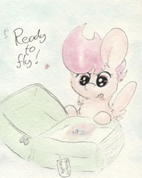 Size: 679x855 | Tagged: safe, artist:slightlyshade, imported from derpibooru, scootaloo, female, solo, suitcase, traditional art