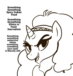 Size: 431x449 | Tagged: safe, artist:klondike, imported from derpibooru, saffron masala, pony, unicorn, spice up your life, female, gamergate, mare, monochrome, open mouth, simple background, solo, vulgar, white background