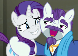 Size: 546x394 | Tagged: safe, imported from derpibooru, screencap, mr. stripes, rarity, pony, unicorn, the saddle row review, awkward hug, awkward moment, awkward smile, cheek squish, female, grin, hug, mare, mr stripes, nervous, nervous grin, smiling, squishy cheeks, teeth