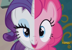 Size: 685x474 | Tagged: safe, imported from derpibooru, screencap, pinkie pie, rarity, pony, spice up your life, discovery family logo, split screen