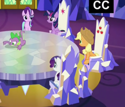 Size: 826x706 | Tagged: safe, imported from derpibooru, screencap, applejack, rarity, spike, starlight glimmer, twilight sparkle, alicorn, pony, spice up your life, cutie map, friendship throne, implied sparity, sitting, twilight sparkle (alicorn)