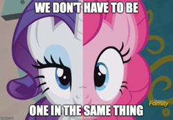 Size: 685x474 | Tagged: safe, edit, edited screencap, imported from derpibooru, screencap, pinkie pie, rarity, equestria girls, rainbow rocks, spice up your life, battle of the bands, discovery family logo, image macro, meme, song reference, split screen