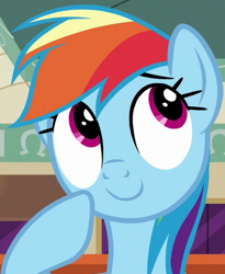 Size: 320x391 | Tagged: safe, imported from derpibooru, screencap, rainbow dash, pegasus, pony, the saddle row review, cute, cute face, dashabetes, diabetes, female, mare, raised hoof, smiling, solo, thinking