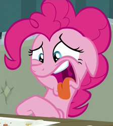 Size: 789x882 | Tagged: safe, imported from derpibooru, screencap, pinkie pie, pony, spice up your life, disgusted, female, food, mare, open mouth, reaction image, solo, tongue out, uvula